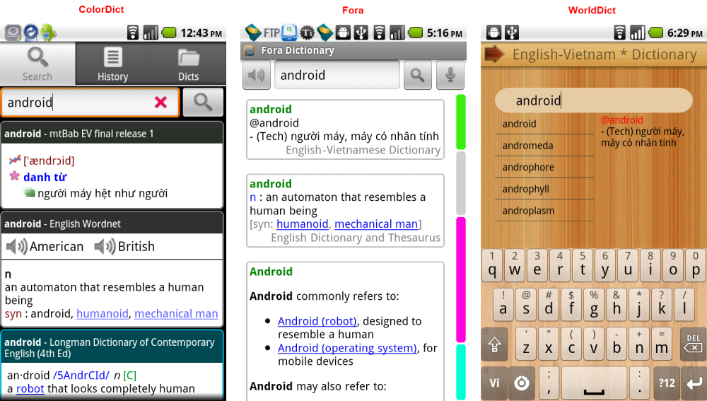 [Review] Vietnamese Dictionary 4 Android: ColorDict + Fora + WorldDict
